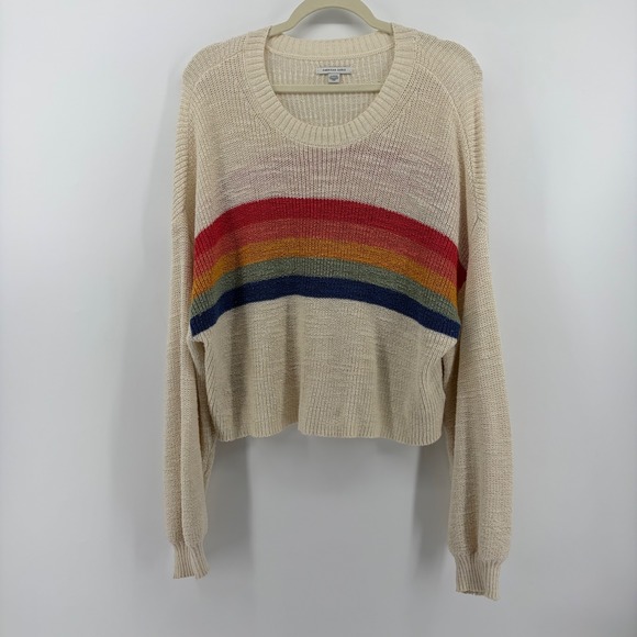 American Eagle Outfitters Sweaters - American Eagle Sweater Cream Women XL Rainbow Stripe Relaxed Crop Crewneck Boho